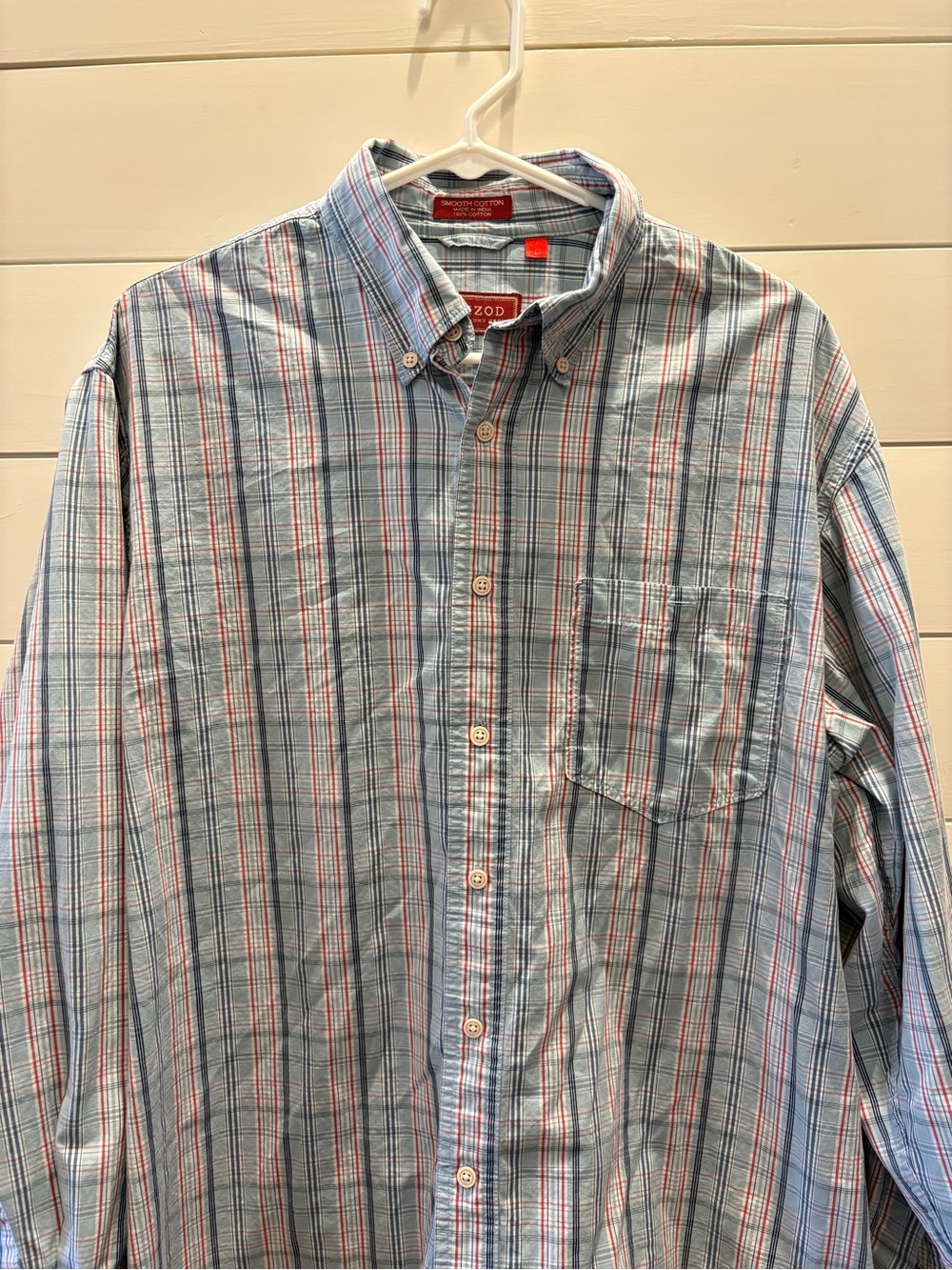 Izod Men’s Light Blue and Red Striped Plaid Button-Down Shirt